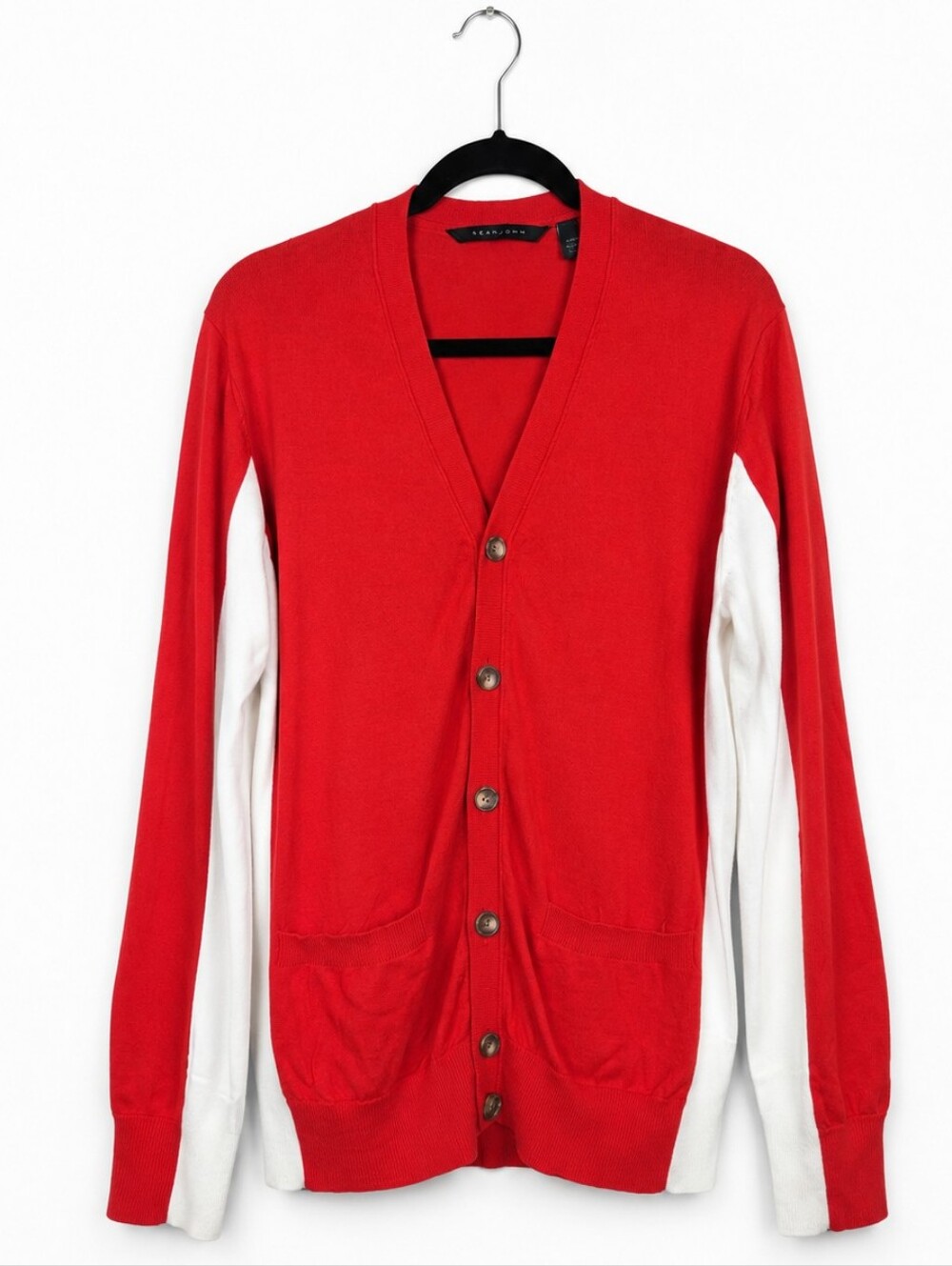 Sean John NWOT Colorblock Cardigan Sweater Red White Varsity Preppy Men's Large